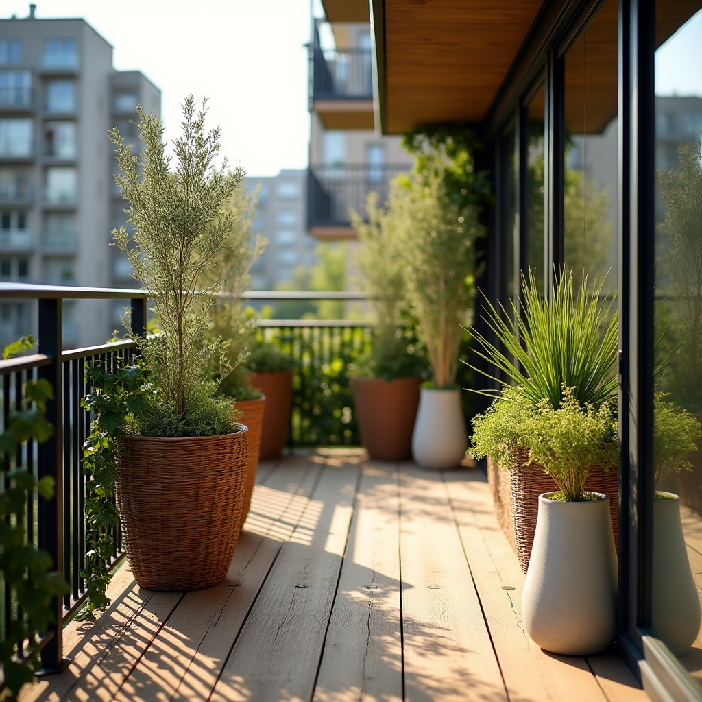 Upravený balkon s dřevěnou podlahou a květinovými truhlíky